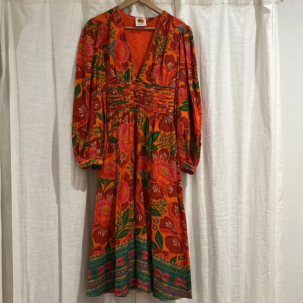 FARM RIO for Anthropologie Tropical Floral Linen Deep V Midi Dress